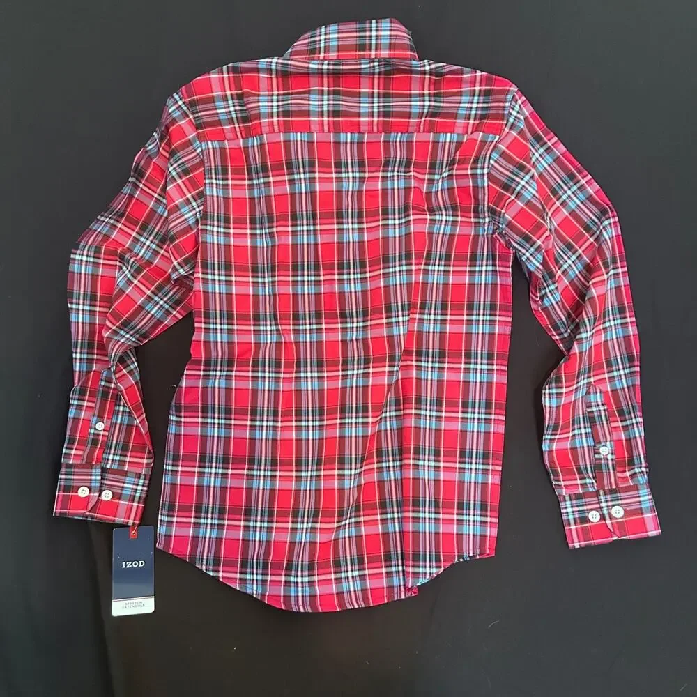 IZOD Boys Button Down Long Sleeve Shirt Red Plaid Size M Stretch Fabric NWT